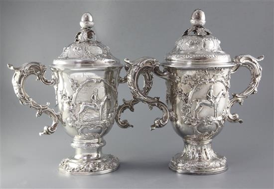 Two handsome George II silver horse racing related presentation trophy cups